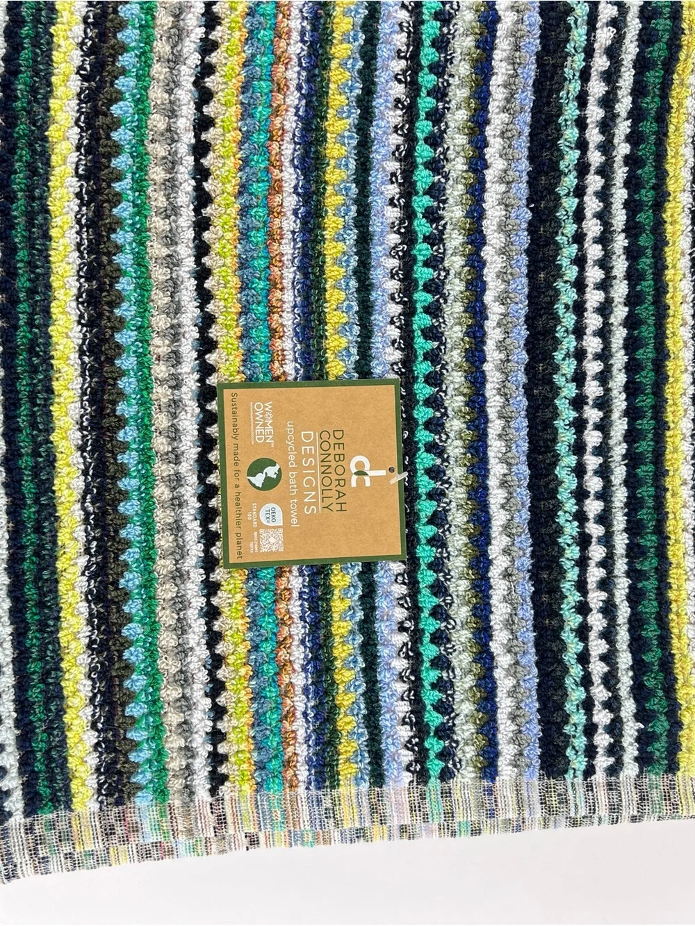 Deborah Connolly Bath Towels Boho Striped Blue Green Aqua Cotton 2 Pc Set NEW